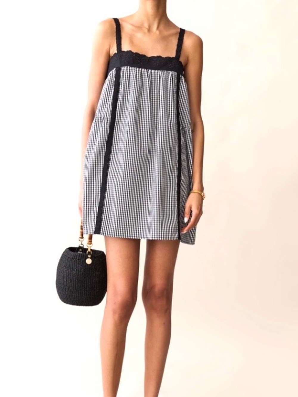 Few Moda kourt flowy mini gingham florence cotton dress with Lace Ac